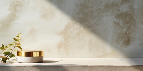 Cosmetic product presentation backdrop with gold table and nature shadow on concrete wall texture background.