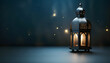 A lantern with a blue sky background. The lantern is lit up and surrounded by three other lanterns, ramadan kareem illustration
