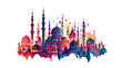 A colorful cityscape with mosque and palm trees isolated illustration. The buildings are of different colors and sizes, and there are birds flying in the sky. For ramadan banner, cover poster