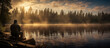 Fisherman fishing on a scenic lake at dawn banner. Freshwater angler silhouette with morning fog