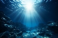 Underwater Sea With Deep Abyss And Blue Sunlight. 3D Concept. Generative AI