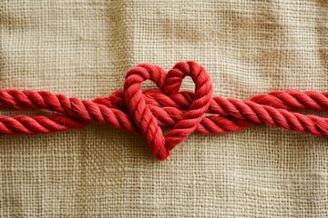 red horizontal cotton rope line with tied heart loop. Looks like medical line for heartbeat