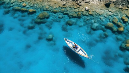 Wall Mural - boat in the sea. boat on the water. aerial view of a boat sailing in the crystal clear sea. Boat in ocean top view. crystal blue waters and boat. boat in water bird's eye view. summer boat