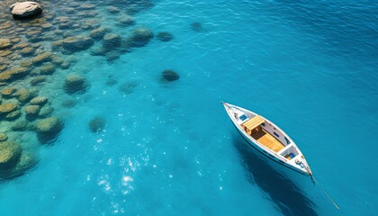 Wall Mural - boat on the water. aerial view of a boat sailing in the crystal clear sea. Boat in ocean top view. crystal blue waters and boat. boat in water bird's eye view. summer boat