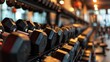 Fitness gym health club room closeup of heavy free dumbbells weights banner panorama background. copy space for text.
