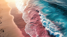 Superb Top View From Drone: Beautiful Pink And Turquoise Beach Waves Sea Water Splash Waves. Atmospheric Seascape