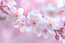Cherry Blossoms With White Petals And Pink Stamens Against A Soft Pink Background
