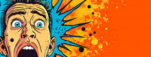 Pop Art Style, Character In A State Of Shock With Exaggerated Facial Expressions, Against A Vibrant Background With Abstract Shapes And Splatters, Illustrating A Dramatic And Dynamic Comic Scene.