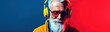 Portrait of senior man with headphones listening to music on color background. Music Streaming Service Concept with Copy Space.