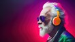 Portrait of an old man with a white beard and mustache wearing sunglasses and headphones on a purple background. Music Streaming Service Concept with Copy Space.