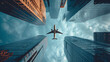 Silhouette of a jet plane flying low over different kind of architecture with commercial office buildings, bottom view of a plane flying in the sky over skyscrapers, Generative Ai