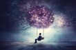 © 18042011 - A man lost in thought sits on a swing beneath a cosmic tree with branches stretching into a starry sky, embodying contemplation and the vastness of the universe, Cosmic contemplation.