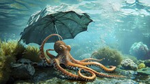 Little Octopus In Pink Colors Standing With Umbrella Underwater