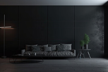 Wall Mural - Modern living room interior in dark colors. Design dark sofa, table and decor. Generative AI