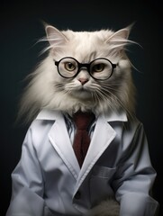 cat student scientist or doctor, wearing a white gown, standing. science and study. portrait one person