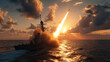 Naval Vessel Launching Missile at Sunset. Military ship on the sea launching a missile, with dramatic sunset and clouds in the background.