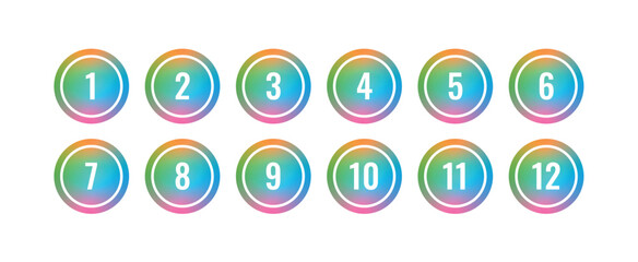 freeform gradient round buttons and numbers. 1-12 numbers. numbers in gradient circle. twelve step numbers