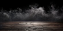 Dark Background With Smoke Engulfing An Aged Wooden Table Top.
