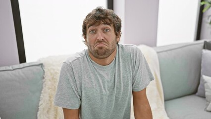 Poster - Young bearded man, paralyzed in confusion, cluelessly shrugs hands, arms high on cozy living room sofa. puzzled expression paints his handsome face within home interior.