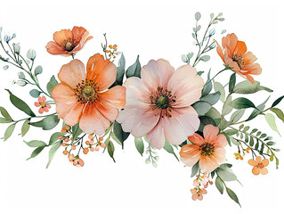 Wall Mural - set di fiori di prato arcobaleno e bouquet di verde, bordo o ghirlanda, clip art per matrimonio su sfondo bianco scontornabile, colori tenui