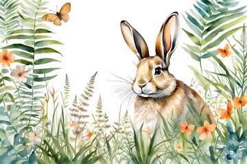 Wall Mural - rabbit in the grass with flowers