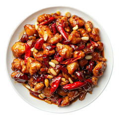 Kung Pao Chicken isolated on white transparent background, top view, ultra realistic food photography