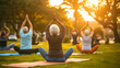 Multiracial senior people doing yoga exercises outdoor with city park in background - Healthy lifestyle and joyful elderly concept - Model by AI generative
