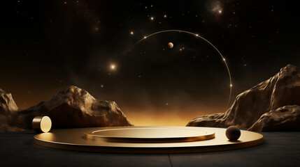 Wall Mural -  an empty gold luxury product display podium against the backdrop of abstract planets from outer space.