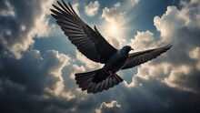 Black Dove Flying In Heavenly Background Of Clouds Symbol Of Faith, Concept Of Spirituality And Religion Worship From Generative AI