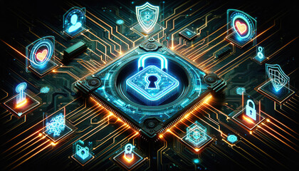 Poster - Futuristic digital padlock representing cybersecurity on an illuminated circuit board, symbolizing data protection and encryption.