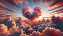 Heart Shaped Clouds In The Middle Of A Sunset Cloudscape. Design Concept For Valentine's Day