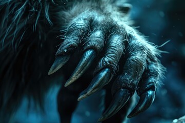 Wall Mural - A close-up of a werewolfs paw with sharp claws in the moonlight illustration of a scary monster or animal claw or clawed hand