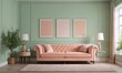 © Julija AI - Pastel peach sofa in a mockup room with a green wall.