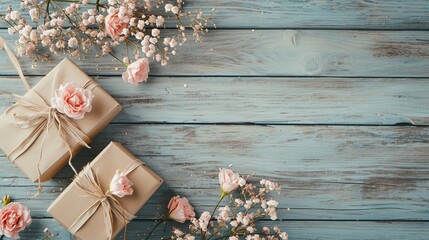 Wall Mural - wrapped gifts with flowers on a wooden background