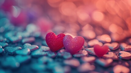 Canvas Print - Two red hearts are sitting on a pile of rocks, AI