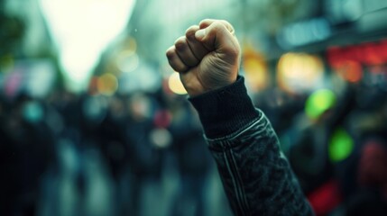 Wall Mural - A person with fist raised in the air on a crowded street, AI