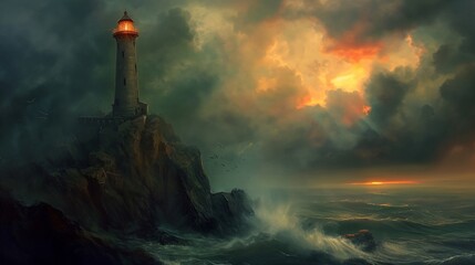 Wall Mural - a lighthouse on a small island in the middle of the ocean