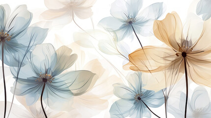 Wall Mural - Elegant tender flowers transparent watercolour background. Pastel colour palette. Generative AI