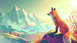© standret - illustration of a fox in front of a beautiful landscape, isometric style, geometrical design, Fox on top of the mountain