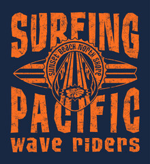 Sticker - Surfing Pacific North Shore Hawaii wave riders vintage vector print for boy kid t shirt grunge effect in separate layer