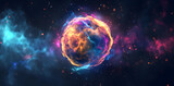 Fototapeta Kosmos - Abstract multicolored energy sphere made of particles and waves of magical glow on a dark background