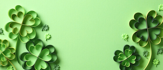 Wall Mural - St Patricks Day banner design. Flat lay paper art four-leaf clover on green background with copy space.