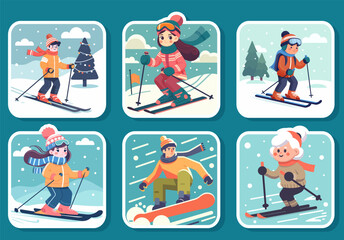 Wall Mural - Winter sport skiing. Colorful cartoon character skier. Funny vector illustration. Cute style poster with smiling man. Picture card with ski activity isolated on blue background. Vector illustration