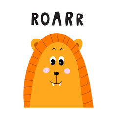 Wall Mural - Seamless pattern and illustration for kid with lion and text Roarr. Cute design background, baby clothes, room birthday decor, t-shirt print, wear fashion, invitation card