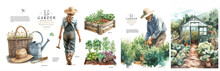 Garden, Gardening And Horticulture. Watercolor Realistic Illustration Of A Gardener At Work, Greenhouse, Garden Beds, Basket With Gardening Tools And Logo For Poster, Card Or Brochure. Agriculture