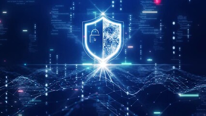 Fototapete - Cyber security technology concept shield protection connection big data abstract binary code dark blue background
