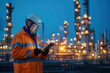 © Ai-Pixel - Engineer wearing safety uniform and helmet looking at tablet in hand In the background is the largest oil refinery, with beautiful evening sunlight.