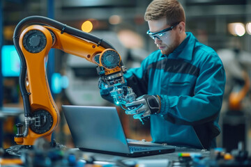 At the Factory: Automation Engineer Uses Laptop for Programming Robotic Arm. New Era in Automatic Manufacturing Industry.