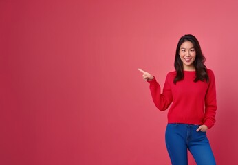 Wall Mural - Asian woman presents, pointing with copy space red background, portrait beauty, confidence, and elegance of a young and attractive Asian model.