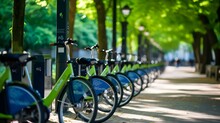 Bicycle Sharing Systems. Bicycle For Rent Business. Bicycle For City Tour At Bike Parking Station. Eco-friendly Transport. Urban Economy Public Transport. Bike Station In The Park. Healthy Lifestyle.